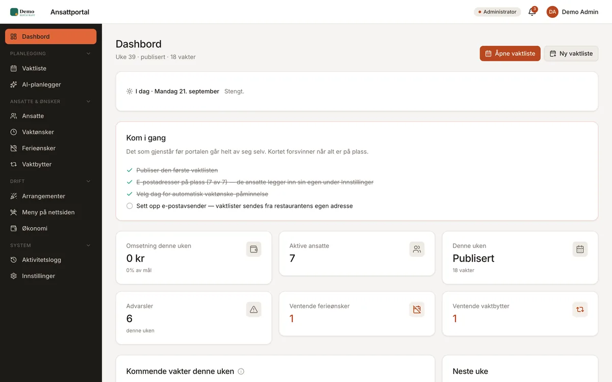 The staff portal's admin dashboard and the employee's shift view